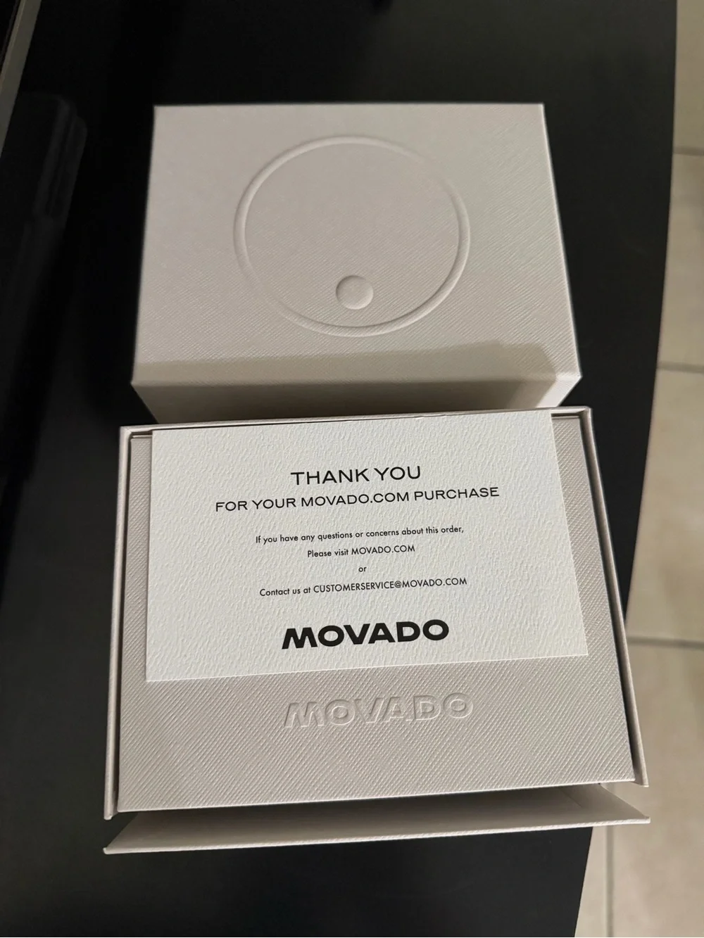 Movado White and Black Branded Watch Box and Thank You Card